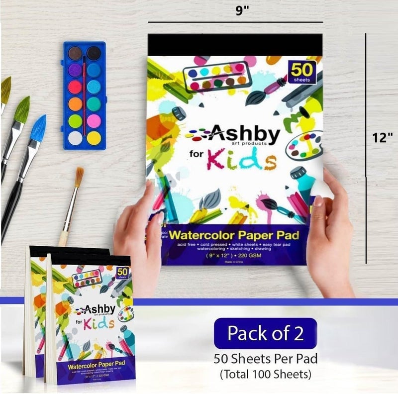 ASHBY 100 Sheets - Watercolor Paper Pads (9"x12") - Premium Thick Pages (220 GSM) - Also Great for Drawing, Finger Painting & Sketching; Easy Tear Design - Natural White; Water Color Paper/Watercolor Pads - Image 2